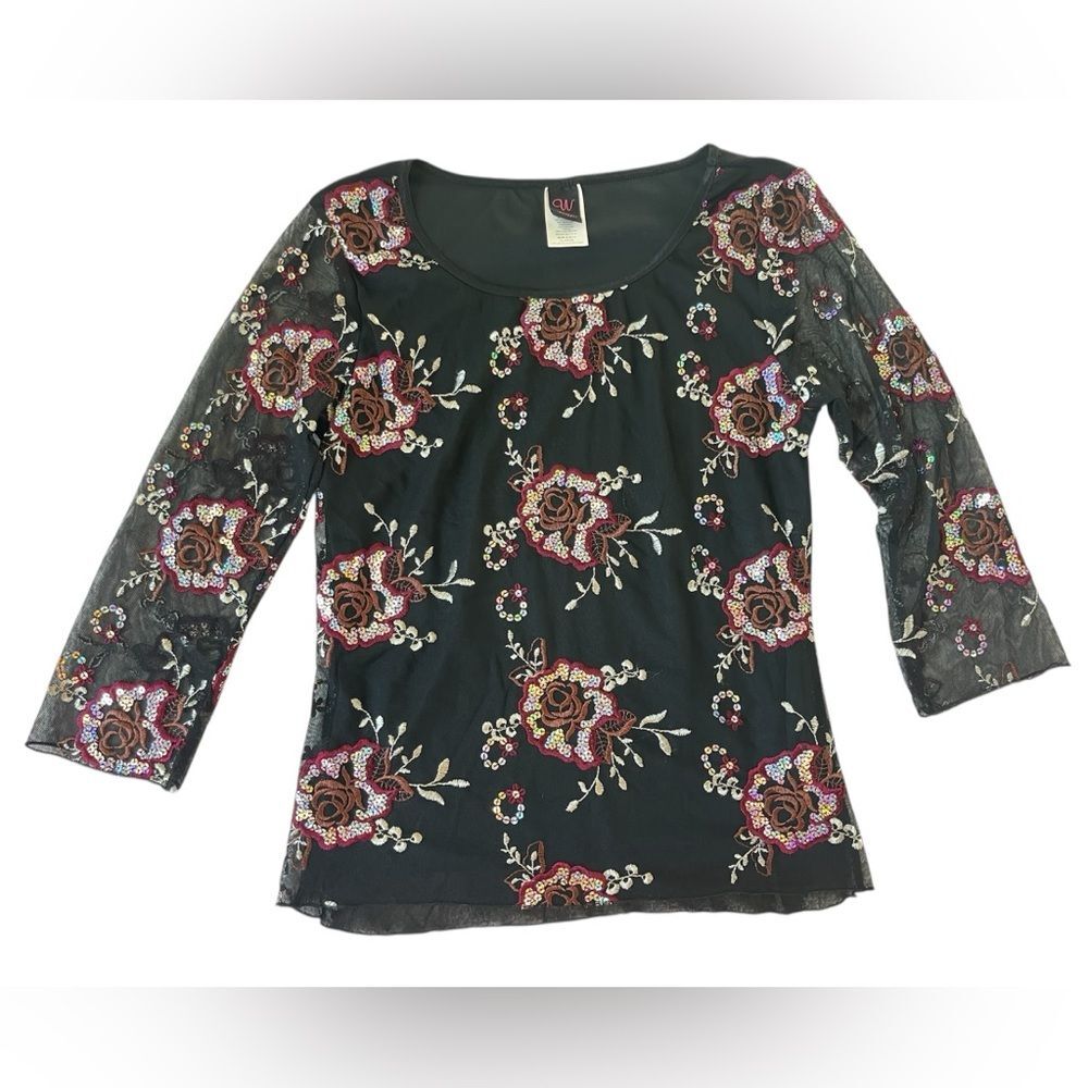 Vintage 90's Wrapper Sequined 3/4 Sleeve Floral Black Top Shirt Womens Medium
